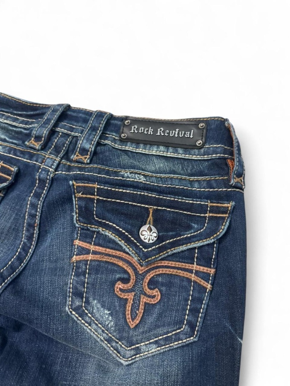 Rock revival Y2K embroidered bootcut flare dark wash jeans fleur-de-lis 30 women - Picture 2 of 7
